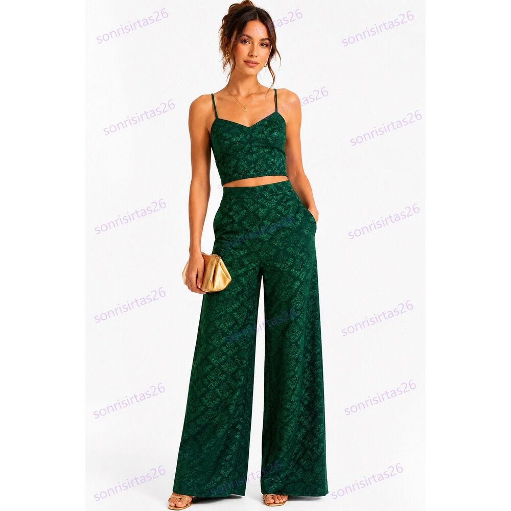 Sandro Paris Emerald Green Jacquard Two Piece Set Crop Top Wide Leg Pants Luxury